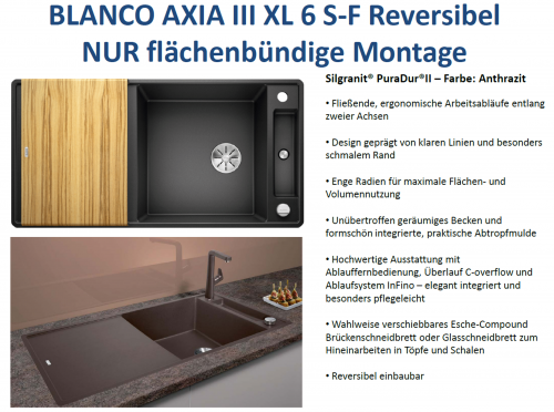 BLANCO Axia III XL 6 S-F HSB (Holzschneidbrett) Silgranit PuraDurII Granitsple Flchenbndig Ablaufsystem InFino mit Drehknopfventil