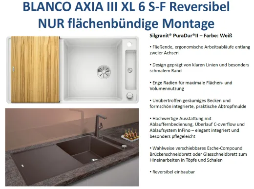 BLANCO Axia III XL 6 S-F HSB (Holzschneidbrett) Silgranit PuraDurII Granitsple Flchenbndig Ablaufsystem InFino mit Drehknopfventil