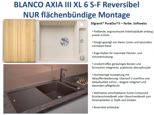BLANCO Axia III XL 6 S-F HSB (Holzschneidbrett) Silgranit PuraDurII Granitsple Flchenbndig Ablaufsystem InFino mit Drehknopfventil