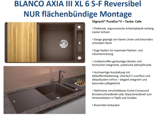 BLANCO Axia III XL 6 S-F HSB (Holzschneidbrett) Silgranit PuraDurII Granitsple Flchenbndig Ablaufsystem InFino mit Drehknopfventil