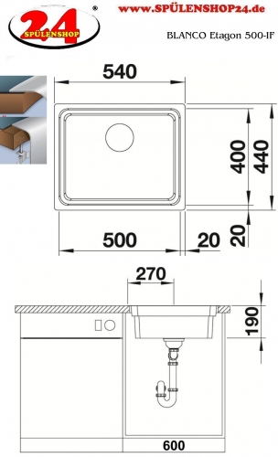 BLANCO Kchensple Etagon 500-IF Edelstahlsple / Einbausple Flachrand mit Ablaufsystem InFino und Handbettigung