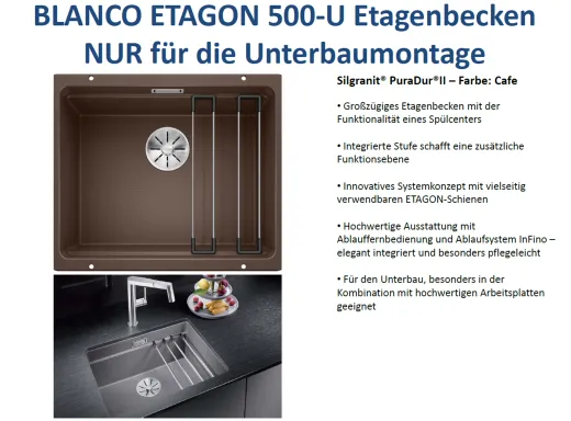 BLANCO Kchensple Etagon 500-U Silgranit PuraDurII Granitsple / Unterbaubecken Ablaufsystem InFino mit Handbettigung