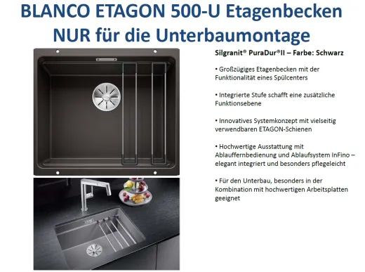 BLANCO Kchensple Etagon 500-U Silgranit PuraDurII Granitsple / Unterbaubecken Ablaufsystem InFino mit Handbettigung