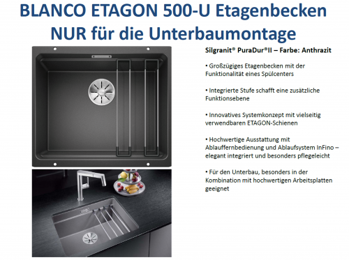 BLANCO Kchensple Etagon 500-U Silgranit PuraDurII Granitsple / Unterbaubecken Ablaufsystem InFino mit Handbettigung