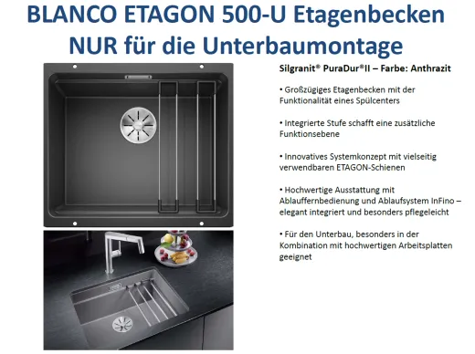 BLANCO Kchensple Etagon 500-U Silgranit PuraDurII Granitsple / Unterbaubecken Ablaufsystem InFino mit Handbettigung