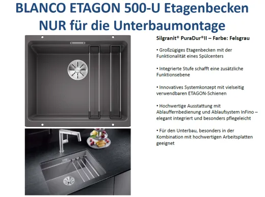 BLANCO Kchensple Etagon 500-U Silgranit PuraDurII Granitsple / Unterbaubecken Ablaufsystem InFino mit Handbettigung