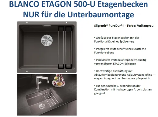 BLANCO Kchensple Etagon 500-U Silgranit PuraDurII Granitsple / Unterbaubecken Ablaufsystem InFino mit Handbettigung