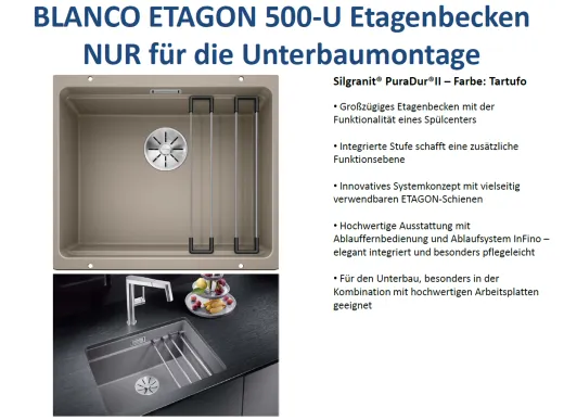 BLANCO Kchensple Etagon 500-U Silgranit PuraDurII Granitsple / Unterbaubecken Ablaufsystem InFino mit Handbettigung