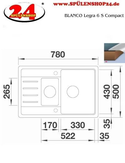BLANCO Kchensple Legra 6 S Compact Silgranit PuraDurII Granitsple / Einbausple mit Handbettigung