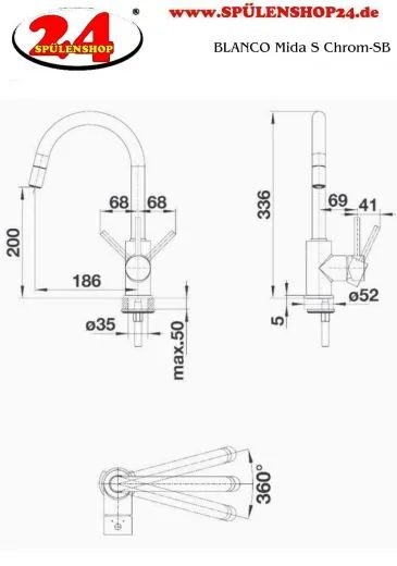BLANCO Kchenarmatur Mida-S Chrom Einhebelmischer / Spltischarmatur mit Zugauslauf 360 schwenkbarer Auslauf