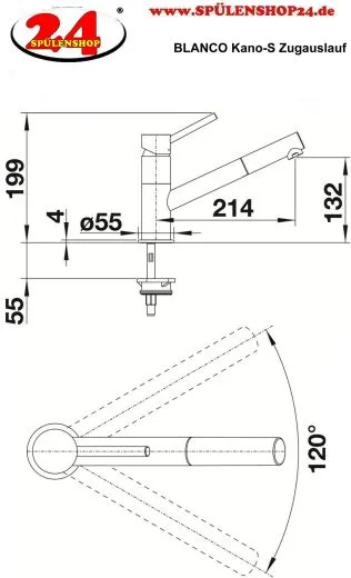BLANCO Kchenarmatur Kano-S Chrom Einhebelmischer / Spltischarmatur mit Zugauslauf 120 schwenkbarer Auslauf