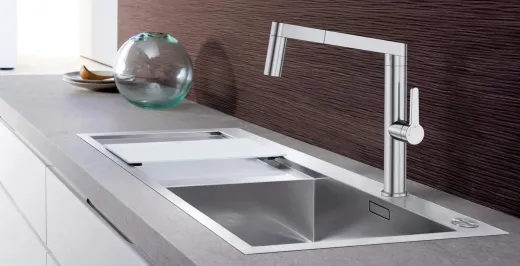 BLANCO Kchenarmatur Panera-S Edelstahl massiv Einhebelmischer / Spltischarmatur mit Zugauslauf mit Brausefunktion