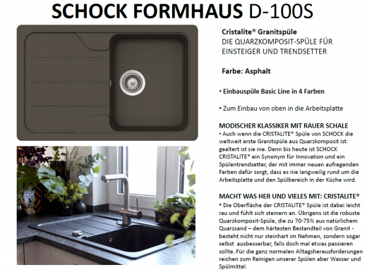 SCHOCK Kchensple Formhaus D-100S Cristalite Granitsple / Einbausple Basic Line mit Drehexcenter