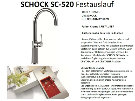 SCHOCK Kchenarmatur SC-520 Cristalite Basic Line Einhebelmischer Festauslauf 360 schwenkbarer Auslauf mit Materialhlse