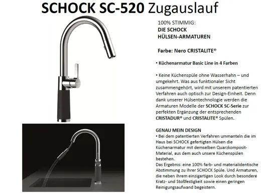 SCHOCK Kchenarmatur SC-520 Cristalite Basic Line Einhebelmischer Zugauslauf 120 schwenkbarer Auslauf mit Materialhlse und Schlauchbrause