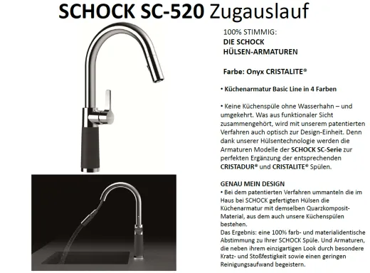 SCHOCK Kchenarmatur SC-520 Cristalite Basic Line Einhebelmischer Zugauslauf 120 schwenkbarer Auslauf mit Materialhlse und Schlauchbrause