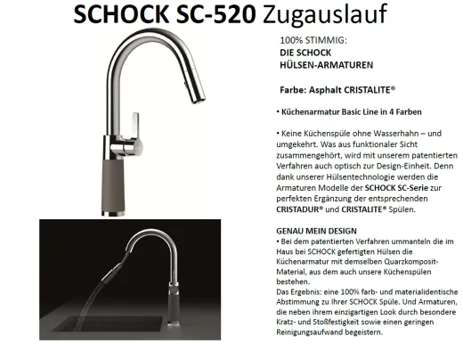 SCHOCK Kchenarmatur SC-520 Cristalite Basic Line Einhebelmischer Zugauslauf 120 schwenkbarer Auslauf mit Materialhlse und Schlauchbrause
