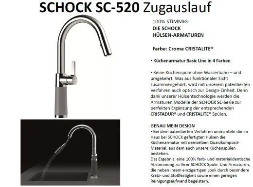 SCHOCK Kchenarmatur SC-520 Cristalite Basic Line Einhebelmischer Zugauslauf 120 schwenkbarer Auslauf mit Materialhlse und Schlauchbrause