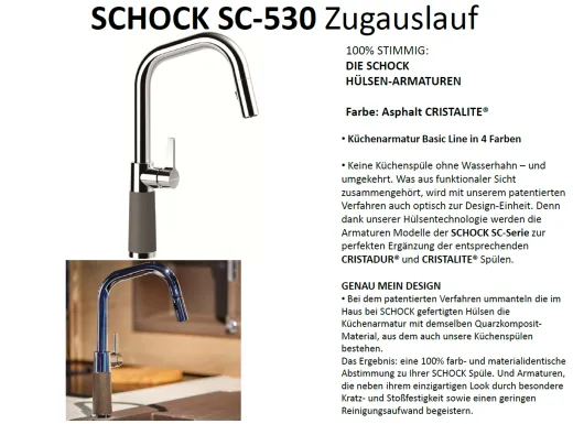 SCHOCK Kchenarmatur SC-530 Cristalite Basic Line Einhebelmischer Zugauslauf 120 schwenkbarer Auslauf mit Materialhlse und Schlauchbrause