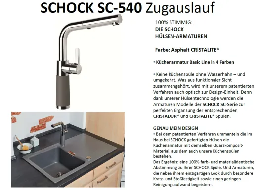 SCHOCK Kchenarmatur SC-540 Cristalite Basic Line Einhebelmischer Zugauslauf 120 schwenkbarer Auslauf mit Materialhlse und Schlauchbrause