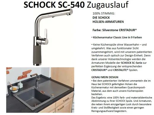 SCHOCK Kchenarmatur SC-540 Cristadur Classic Line Einhebelmischer Zugauslauf 120 schwenkbarer Auslauf mit Materialhlse und Schlauchbrause