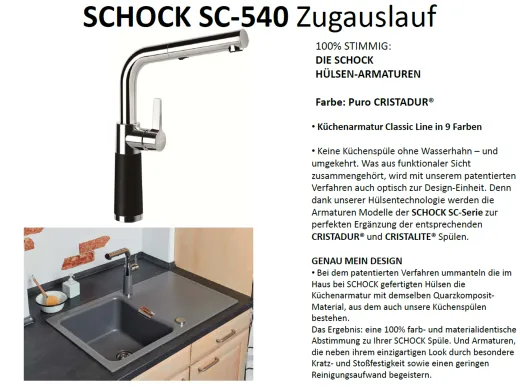 SCHOCK Kchenarmatur SC-540 Cristadur Classic Line Einhebelmischer Zugauslauf 120 schwenkbarer Auslauf mit Materialhlse und Schlauchbrause