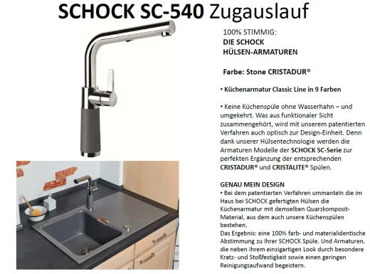 SCHOCK Kchenarmatur SC-540 Cristadur Classic Line Einhebelmischer Zugauslauf 120 schwenkbarer Auslauf mit Materialhlse und Schlauchbrause