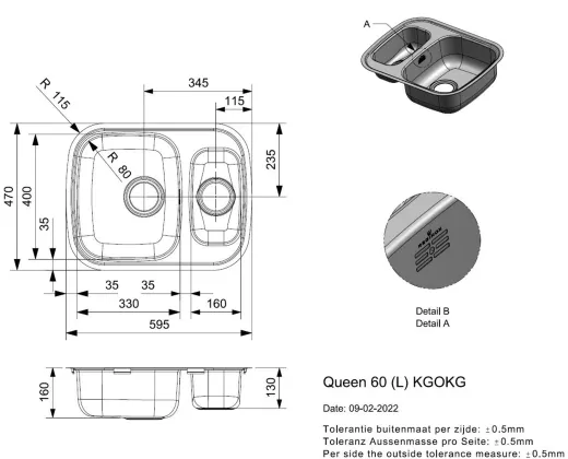REGINOX K�chensp�le Queen 60 (L) KGOKG Einbausp�le Edelstahl mit Flachrand Siebkorb als Stopfenventil