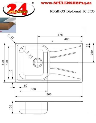 REGINOX Kchensple Diplomat 10 ECO OKG Einbausple Edelstahl mit Einbaurand Siebkorb als Stopfenventil