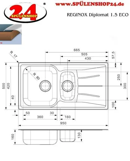 REGINOX K�chensp�le Diplomat 1.5 ECO KGOKG Einbausp�le Edelstahl mit Einbaurand Siebkorb als Stopfenventil