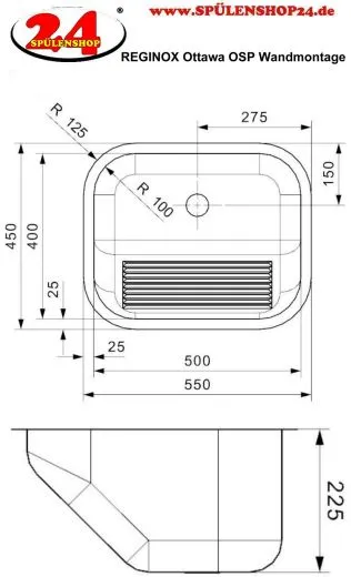 REGINOX Ottawa OSP Wandmontage Einbaubecken Edelstahl mit Einbaurand Ablauf mit Gummistopfen und Kette