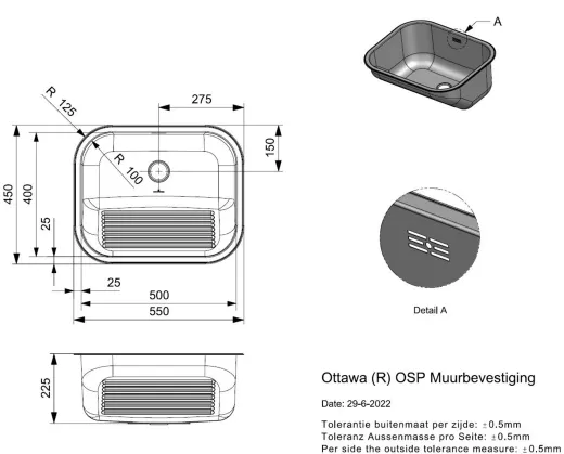 REGINOX Ottawa OSP Wandmontage Einbaubecken Edelstahl mit Einbaurand Ablauf mit Gummistopfen und Kette