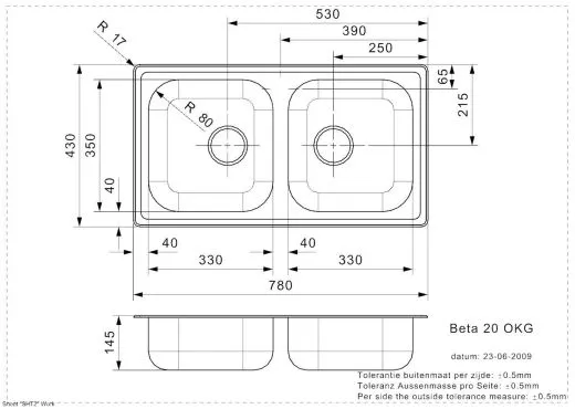 REGINOX K�chensp�le BETA 20 BAP KGOKG Einbausp�le Edelstahl mit Einbaurand Doppelbecken Siebkorb als Stopfenventil