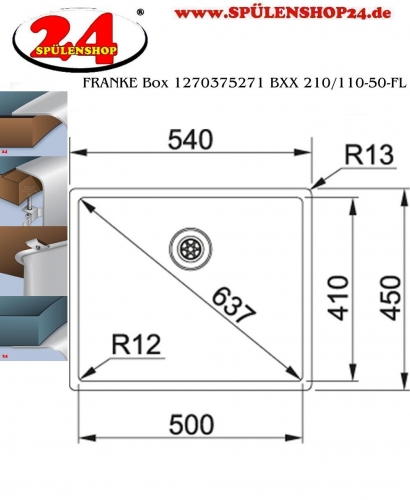 FRANKE Kchensple Box BXX 210/110-50 Edelstahlsple 3 in 1 (Einbau, Unterbau, Flchenbndig) Siebkorb als Stopfenventil