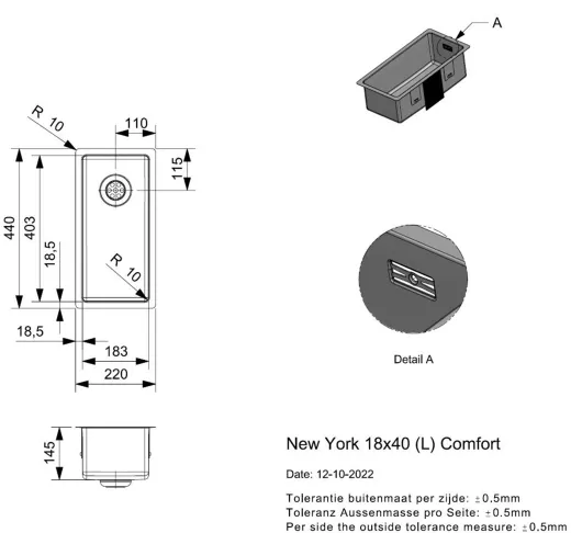 REGINOX K�chensp�le New York 18x40 (L) Comfort Einbausp�le Edelstahl 3 in 1 mit Flachrand Siebkorb als Stopfenventil