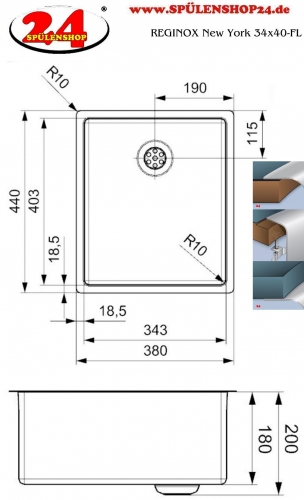 REGINOX Kchensple New York 34x40 (L) Comfort Einbausple Edelstahl 3 in 1 mit Flachrand Siebkorb als Stopfenventil