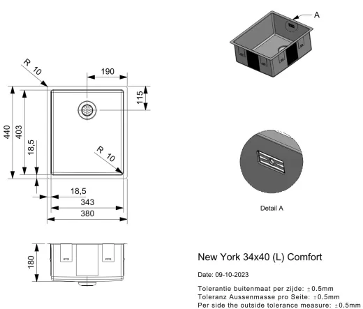 REGINOX K�chensp�le New York 34x40 (L) Comfort Einbausp�le Edelstahl 3 in 1 mit Flachrand Siebkorb als Stopfenventil