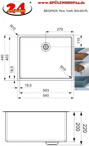 REGINOX Kchensple New York 50x40 (L) Comfort Einbausple Edelstahl 3 in 1 mit Flachrand Siebkorb als Stopfenventil