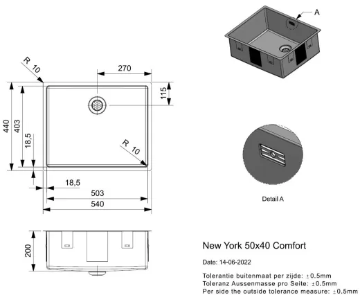 REGINOX K�chensp�le New York 50x40 (L) Comfort Einbausp�le Edelstahl 3 in 1 mit Flachrand Siebkorb als Stopfenventil