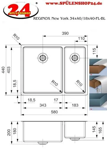 REGINOX Kchensple New York 34x40/18x40 (L) Comfort Becken links Einbausple 3 in 1 mit Flachrand Siebkorb als Stopfenventil