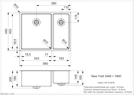 REGINOX Kchensple New York 34x40/18x40 (L) Comfort Becken links Einbausple 3 in 1 mit Flachrand Siebkorb als Stopfenventil