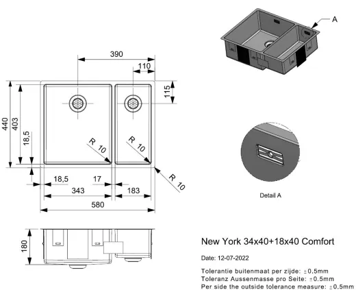 REGINOX K�chensp�le New York 34x40/18x40 (L) Comfort Becken links Einbausp�le 3 in 1 mit Flachrand Siebkorb als Stopfenventil