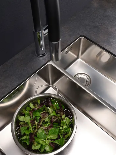 REGINOX K�chensp�le New York 34x40/18x40 (L) Comfort Becken links Einbausp�le 3 in 1 mit Flachrand Siebkorb als Stopfenventil