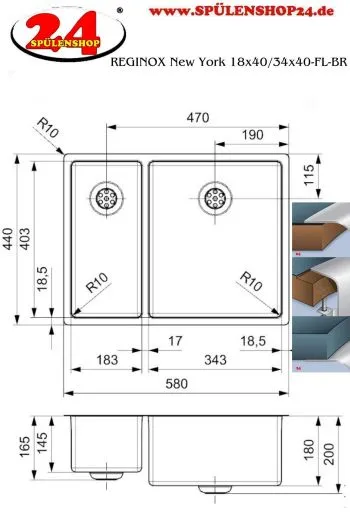 ✅ REGINOX Kchensple New York 18x40/34x40 (L) Comfort Becken rechts Einbausple 3 in 1 mit Flachrand Siebkorb als Stopfenventil