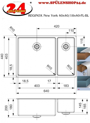 REGINOX Kchensple New York 40x40/18x40 (L) Comfort Becken links Einbausple 3 in 1 mit Flachrand Siebkorb als Stopfenventil