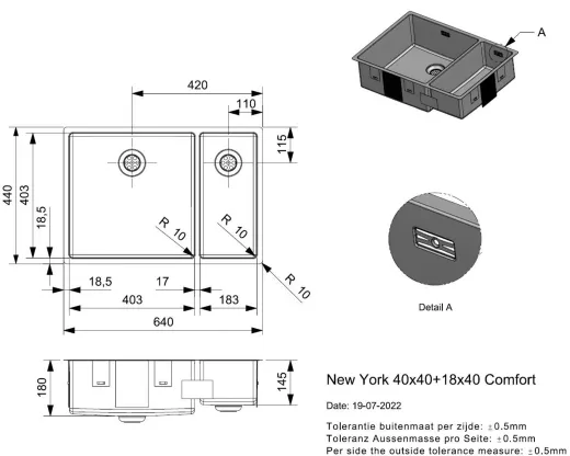 REGINOX K�chensp�le New York 40x40/18x40 (L) Comfort Becken links Einbausp�le 3 in 1 mit Flachrand Siebkorb als Stopfenventil