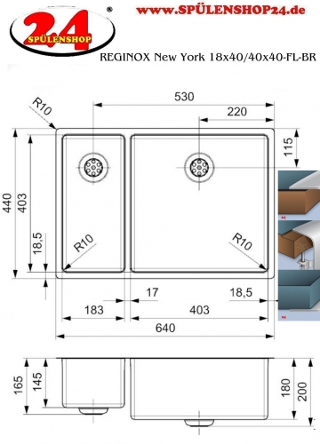REGINOX Kchensple New York 18x40/40x40 (L) Comfort Becken rechts Einbausple 3 in 1 mit Flachrand Siebkorb als Stopfenventil