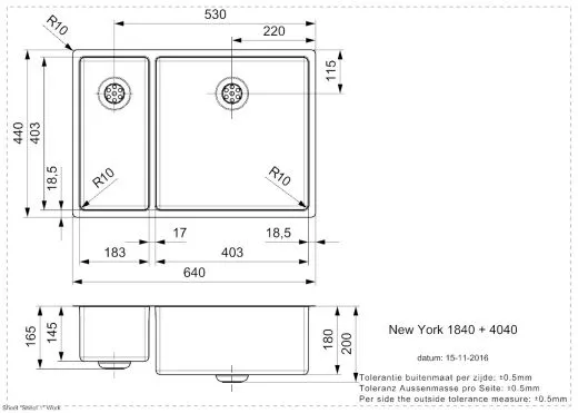REGINOX Kchensple New York 18x40/40x40 (L) Comfort Becken rechts Einbausple 3 in 1 mit Flachrand Siebkorb als Stopfenventil