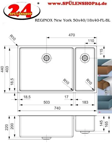 REGINOX Kchensple New York 50x40/18x40 (L) Comfort Becken links Einbausple 3 in 1 mit Flachrand Siebkorb als Stopfenventil