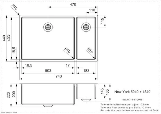 REGINOX Kchensple New York 50x40/18x40 (L) Comfort Becken links Einbausple 3 in 1 mit Flachrand Siebkorb als Stopfenventil